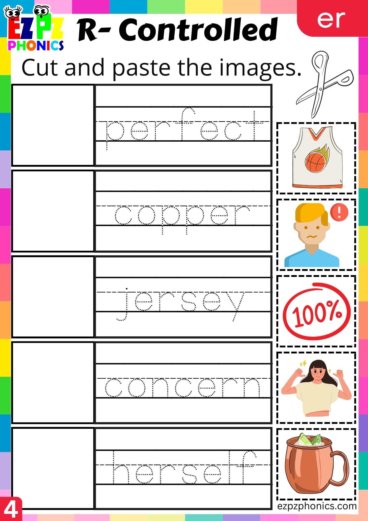 Cut and paste activity for two syllable er words R controlled vowels phonics group 4